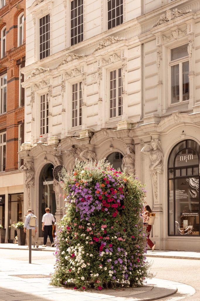 Blumenturm mit violetten, pinkfarbenen und weißen Blüten vor einer Altbaufassade in den Hohen Bleichen