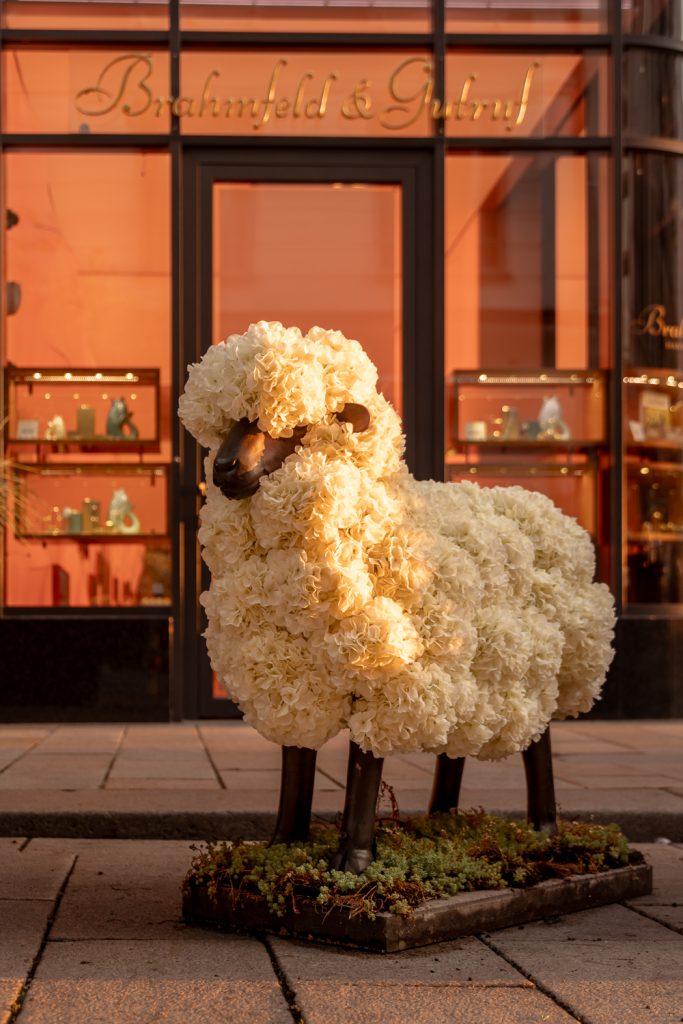 Weißes Blumenschaf aus Hortensien vor einem Schaufenster am Neuen Wall